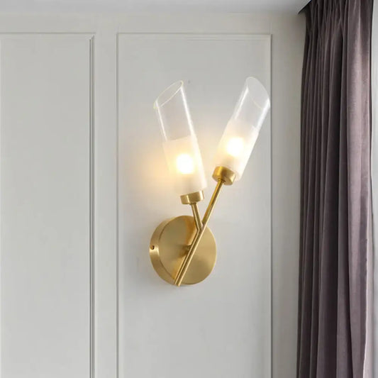 Modern brass 2-light glass wall sconce in gold tone with frosted shades suitable for 110v-120v and 220v-240v use