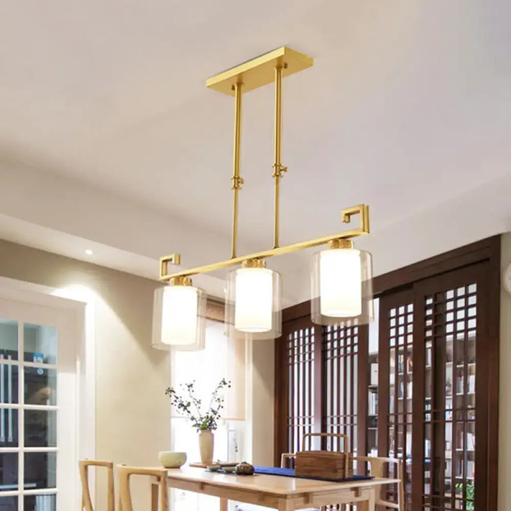 Decorbites™ classic 2-layer cylinder island lighting with three brass finish opal glass pendulum lamp heads