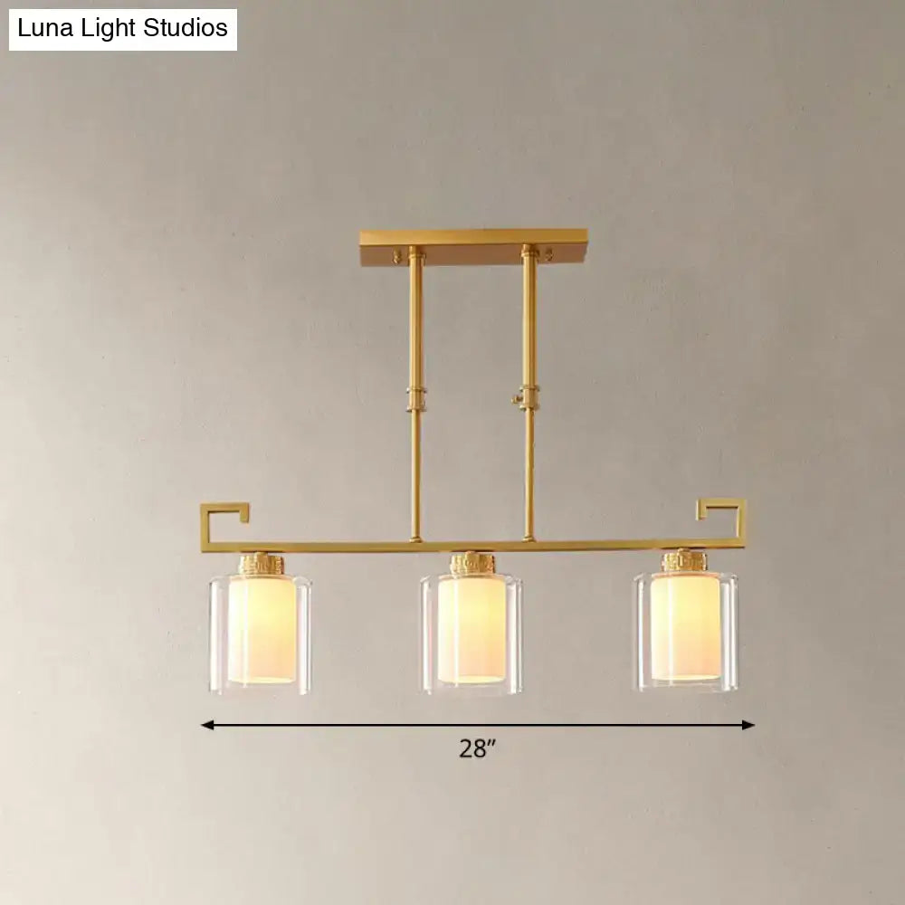 Decorbites traditional brass 3-light island lamp with gold finish glass cylindrical suspension and frosted glass cylindrical shades