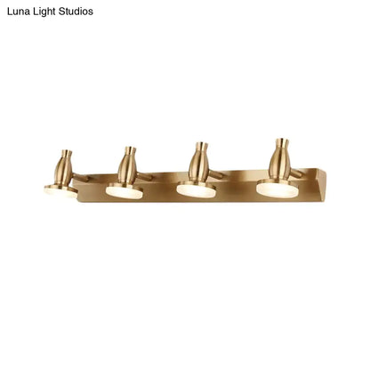 Modern brass bathroom vanity lamp with four adjustable heads and round metal shade for bathroom vanity use