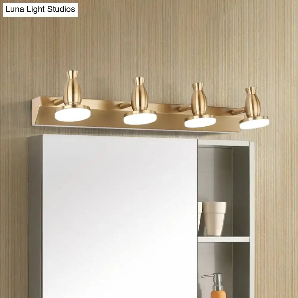 Brass-finished modern bathroom vanity lamp with four round metal shades for elegant bathroom vanity lighting