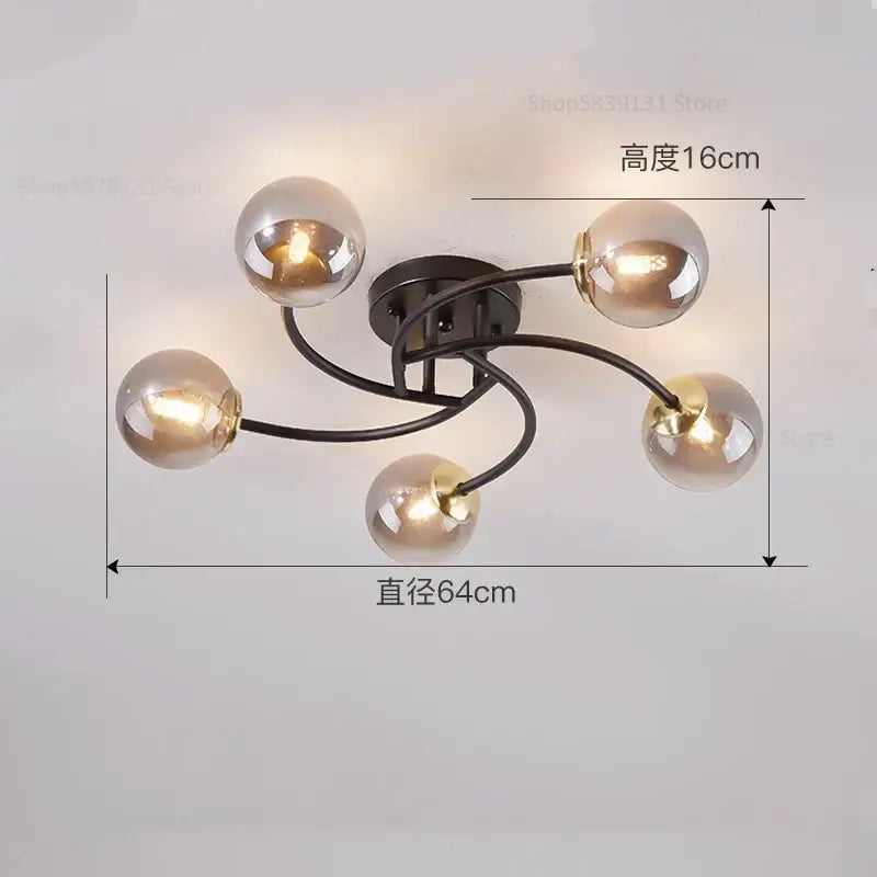 Black metal ceiling light fixture with five curved arms and smoked glass bulb shades for modern kitchen use