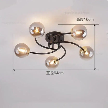 Black metal ceiling light fixture with five curved arms and smoked glass bulb shades for modern kitchen use