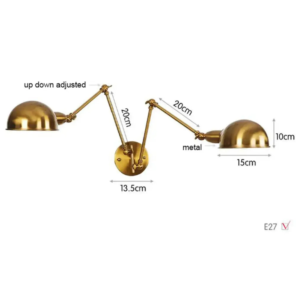 Modern brass adjustable arm wall sconces with two articulated arms and dome-shaped shades for bedroom decorbites gold plated wall lamps
