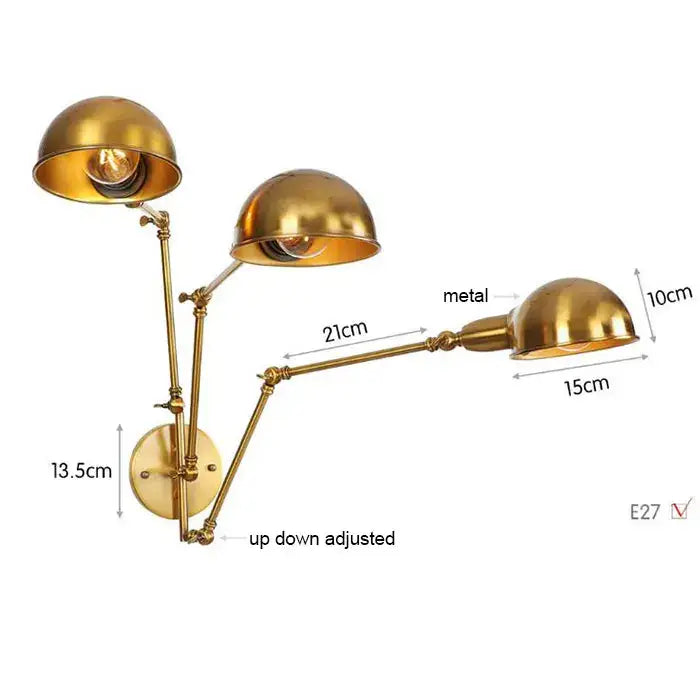 Modern brass adjustable arm wall sconces with three dome-shaped shades in brass finish for bedroom decorbites gold plated wall lamps