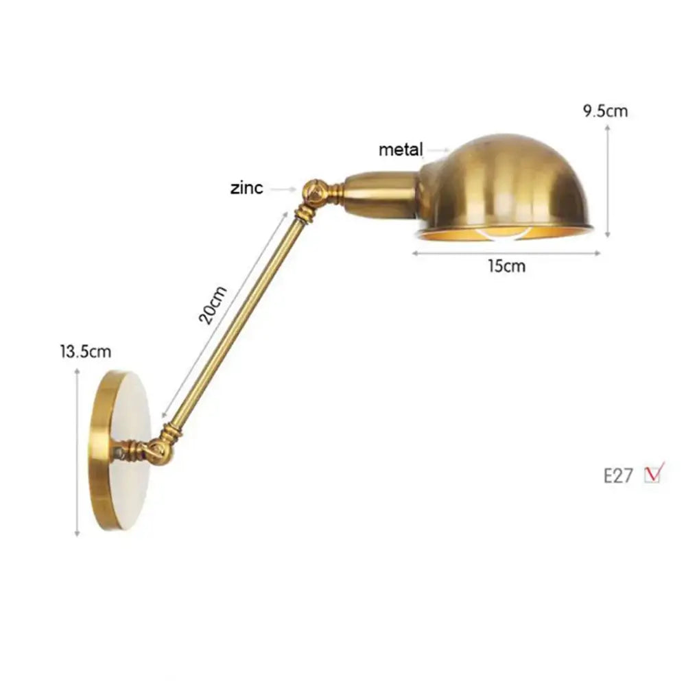 Modern brass adjustable arm wall sconces feature a brass-finished zinc metal desk lamp with dome-shaped shade for decorbites gold plated wall lamps