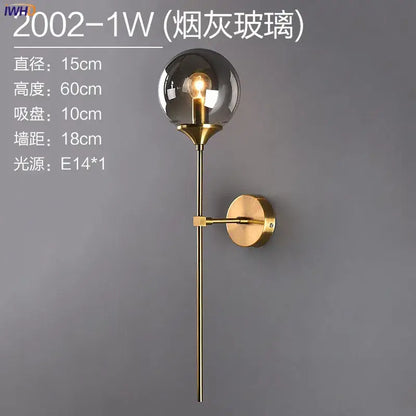Modern brass and amber decorbites glass ball wall lamp with smoked glass globe and led wall light for bedroom use