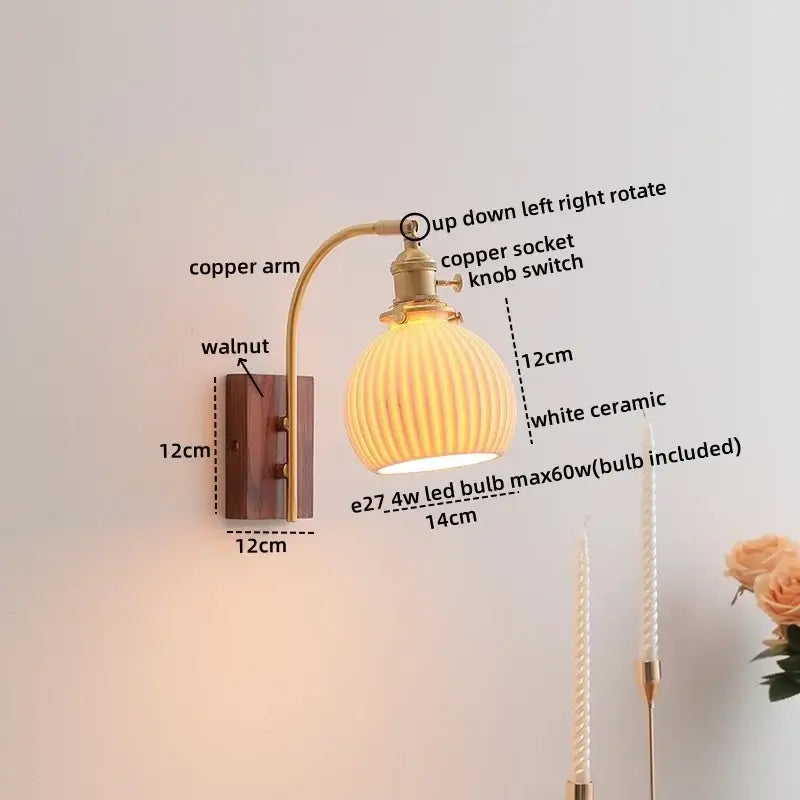 A warm-toned ribbed white ceramic lamp with copper arm and walnut mount in modern copper led wall lights design