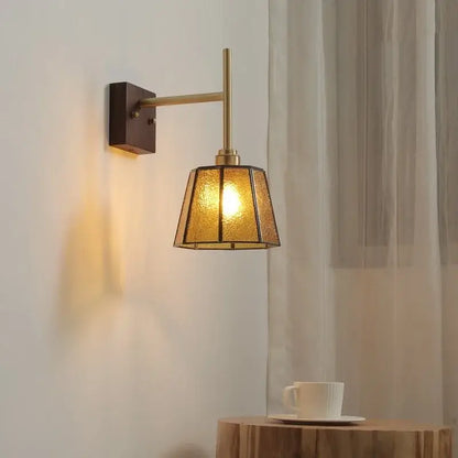 Modern brass wall lights featuring textured amber glass copper led shade ideal for bedroom sconce lighting