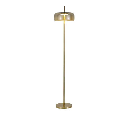 Modern brass and amber glass led floor lamp with a tall pole and warm light for stylish living room lighting