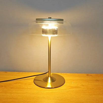 Modern brass and amber glass elegant mushroom table lamp with clear dome and warm light for bedroom decorbites elegant mushroom