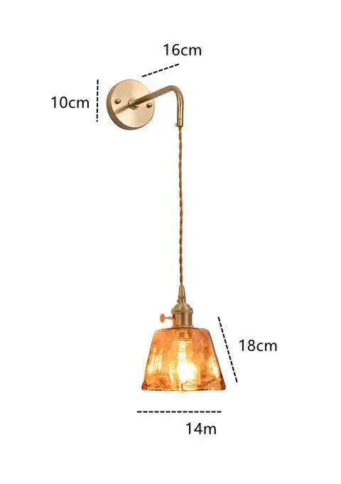 Vintage-style modern brass and amber glass wall lamp with warm decorbites amber glass shade for bedroom or living room decor