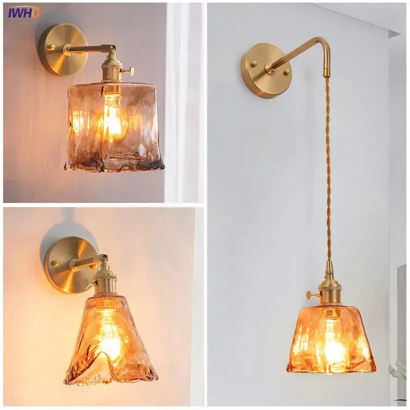 Modern brass wall lamp with decorbites amber glass shades and twisted cord design for bedroom living room decor