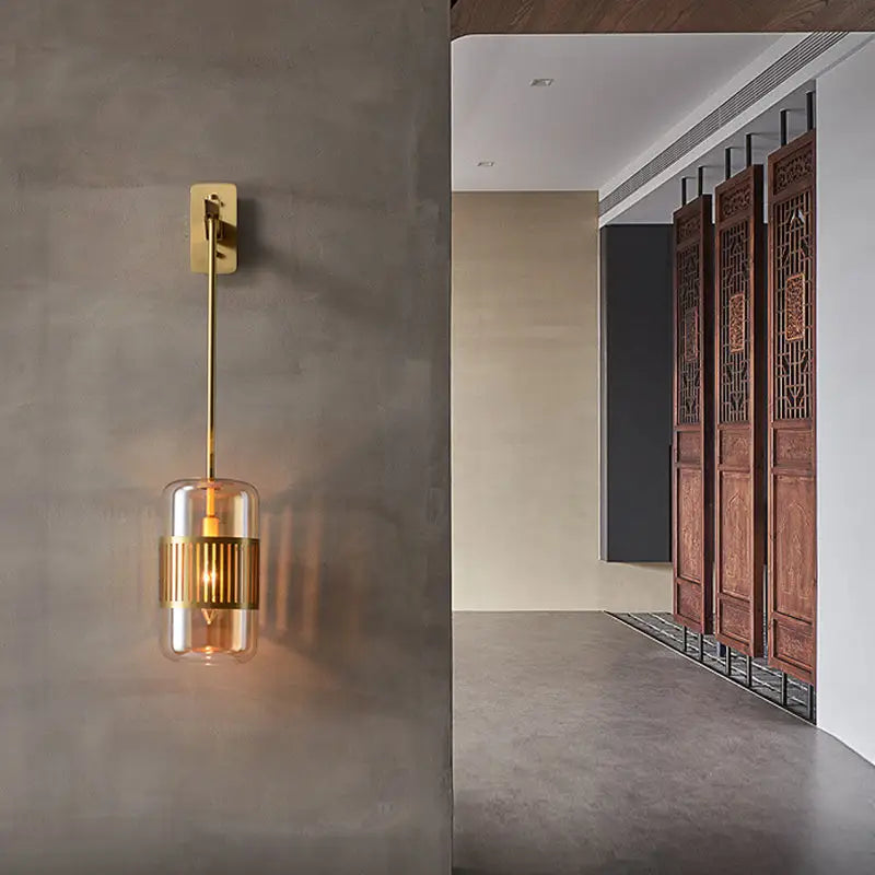 Modern brass wall sconce with clear glass cylinder and horizontal gold bands 220v-240v 110v-120v modern wall light