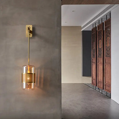 Modern brass wall sconce with clear glass cylinder and horizontal gold bands 220v-240v 110v-120v modern wall light