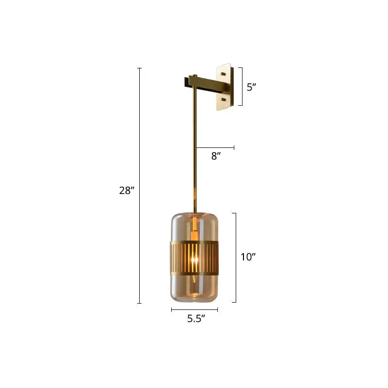 Modern brass and amber glass wall sconce with cylindrical amber glass shade and vertical brass bands 220v-240v 110v-120v modern wall light