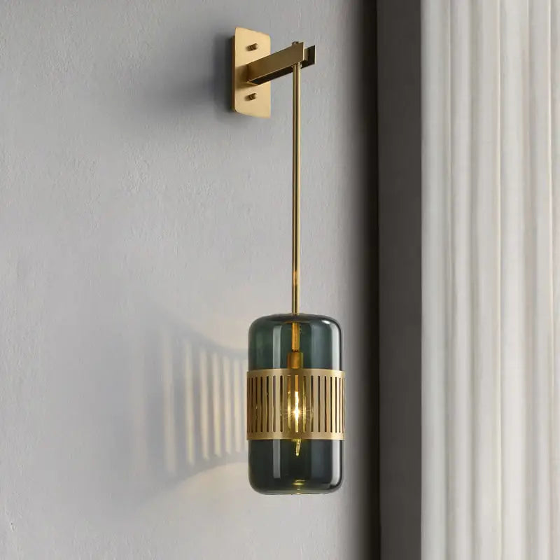 Modern brass and amber glass wall sconce with dark green cylindrical shade and gold slats for bedroom modern wall light 220v-240v