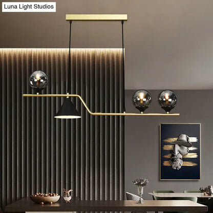 Modern brass DecorBites™ minimalist gold metal dining pendant lamp with three spherical glass bulbs and black cone shade ball hanging island light