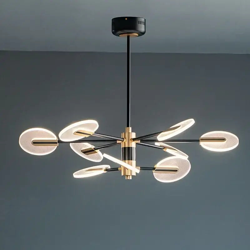 Modern brass and black acrylic led ceiling chandelier with illuminated circular glass shades for living room decorbites acrylic led