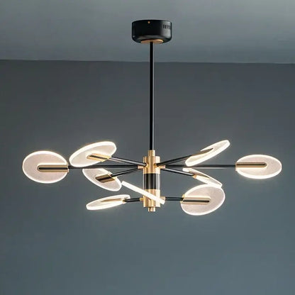 Modern brass and black acrylic led ceiling chandelier with illuminated circular glass shades for living room decorbites acrylic led
