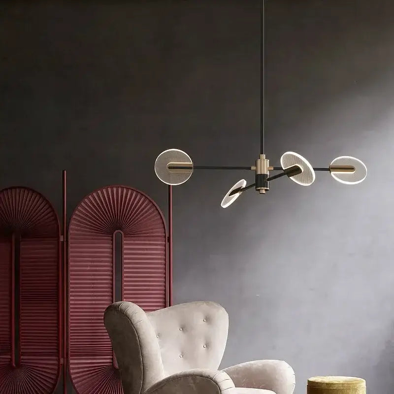 Modern brass and black acrylic led ceiling chandelier with circular illuminated light fixtures for living room decorbites acrylic led
