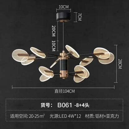 Modern brass and black acrylic led ceiling chandelier with eight translucent leaf-shaped acrylic shades for living room decorbites acrylic led