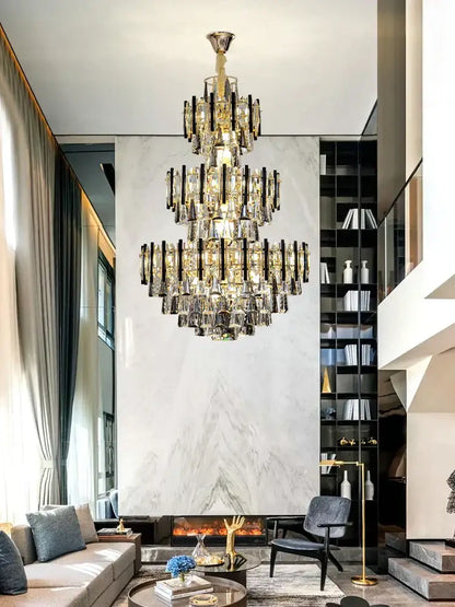 Modern brass and black crystal hollow villa chandelier with cascading crystal prisms for living room decorbites crystal hollow