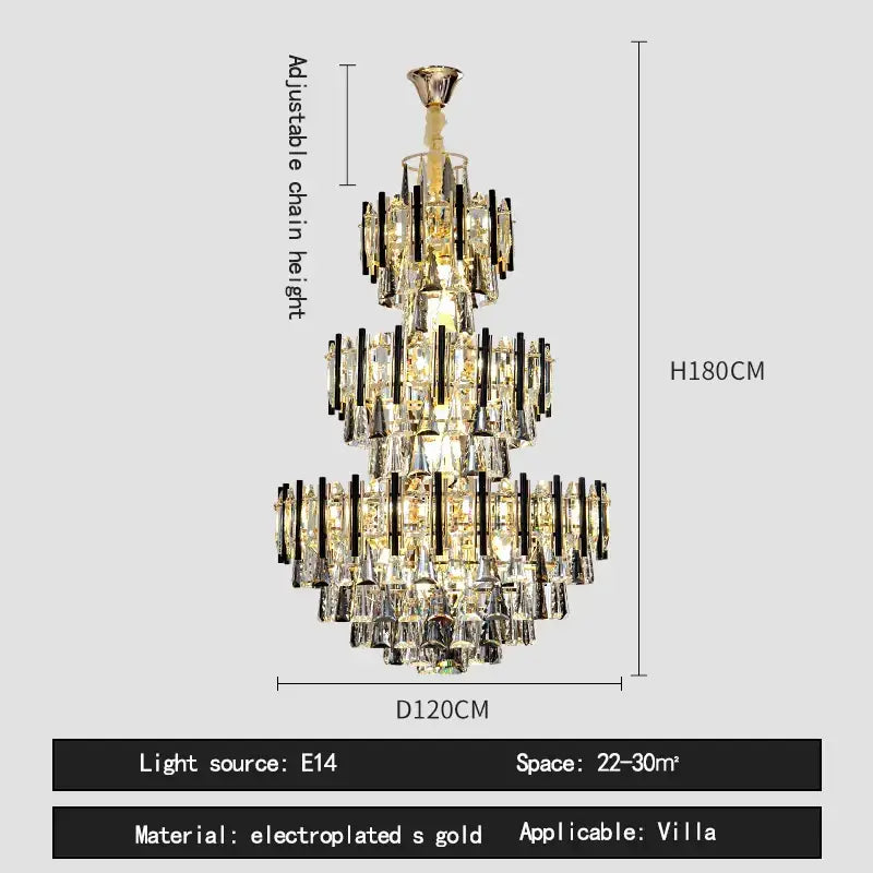 Modern brass and black crystal hollow villa chandelier with gold electroplated frame and clear crystal prisms, 180cm tall