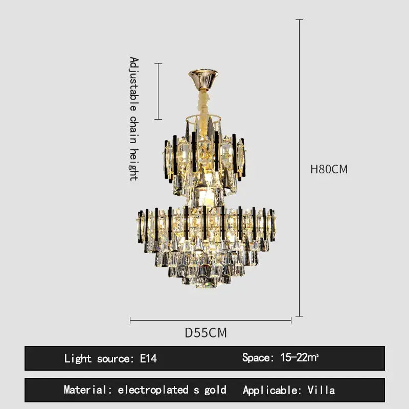 Modern brass and black crystal hollow villa chandelier featuring gold electroplated cascading crystal tiers and black bars