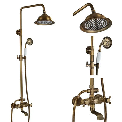 Antique brass finished shower faucet set with dual handle, fixed rainhead, and handheld sprayer with ceramic handles