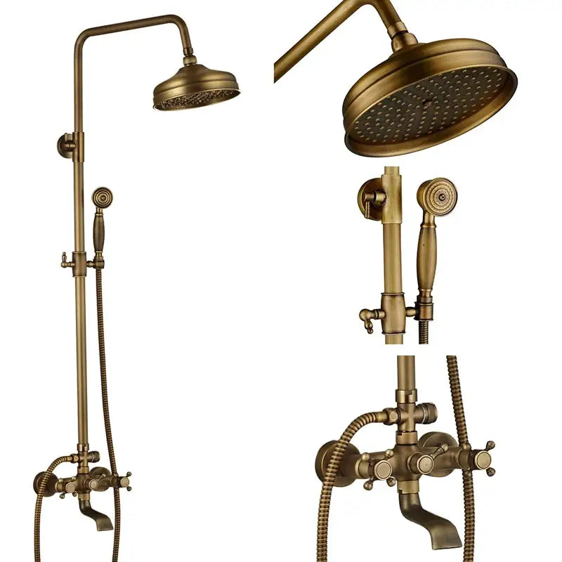 Modern brass and black dual handle shower faucet set featuring a vintage brass-finished rainhead and handheld spray nozzle