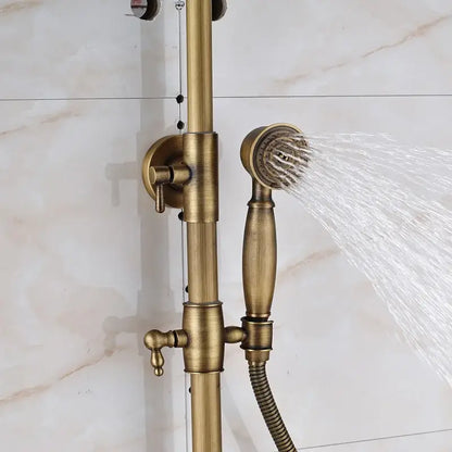 Antique brass-finished modern brass and black dual handle shower faucet set with handheld spray and vertical rail bathroom caddy