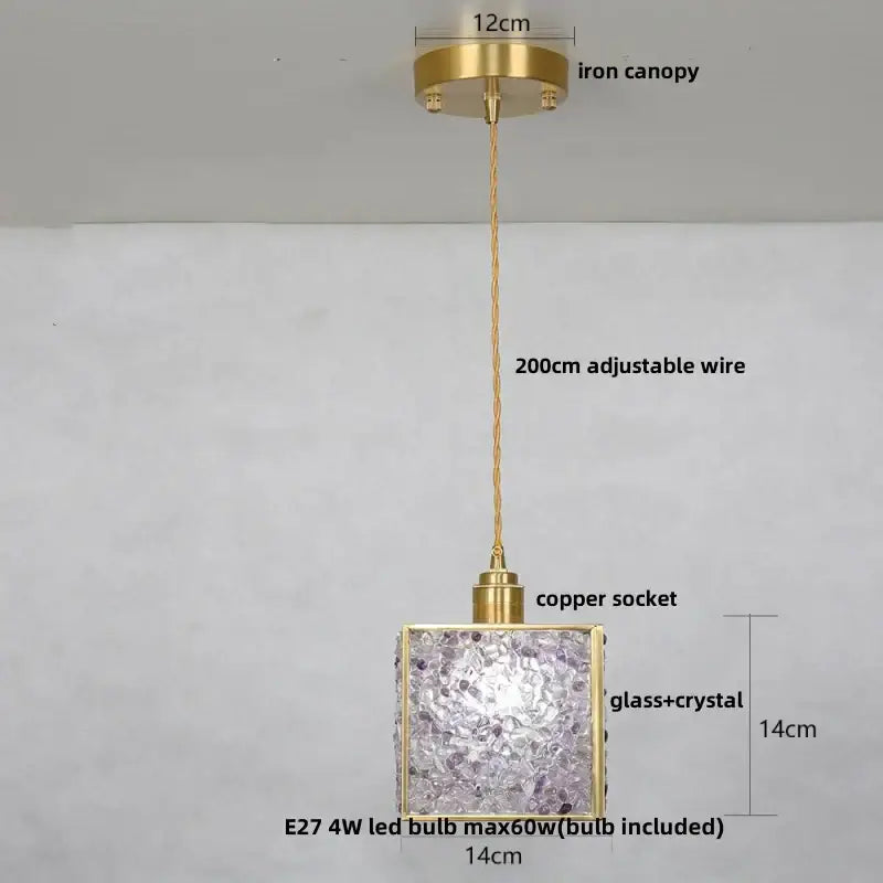 Square pendant light fixture with brass iron canopy copper socket and lavender glass crystal shade for kitchen use