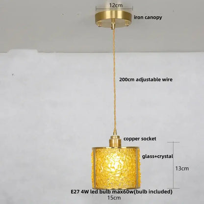 Modern brass and blue glass crystal led pendant light with golden glass crystal, brass canopy, and copper socket