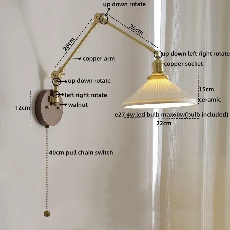Adjustable brass copper arm wall lights with ribbed ceramic walnut shade and included LED bulb for bedroom decorbites ceramic walnut led