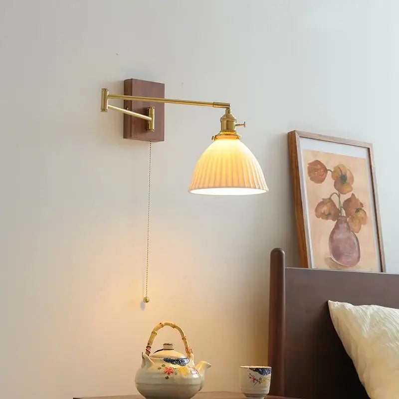 Modern brass wall lights with ribbed off-white glass shade and decorbites ceramic walnut led wooden base for living room