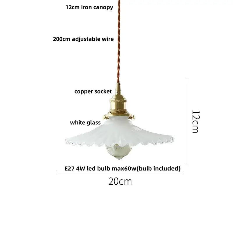 Modern brass pendant lamp with decorbites clear glass scalloped shade and twisted copper wire suspension for dining room