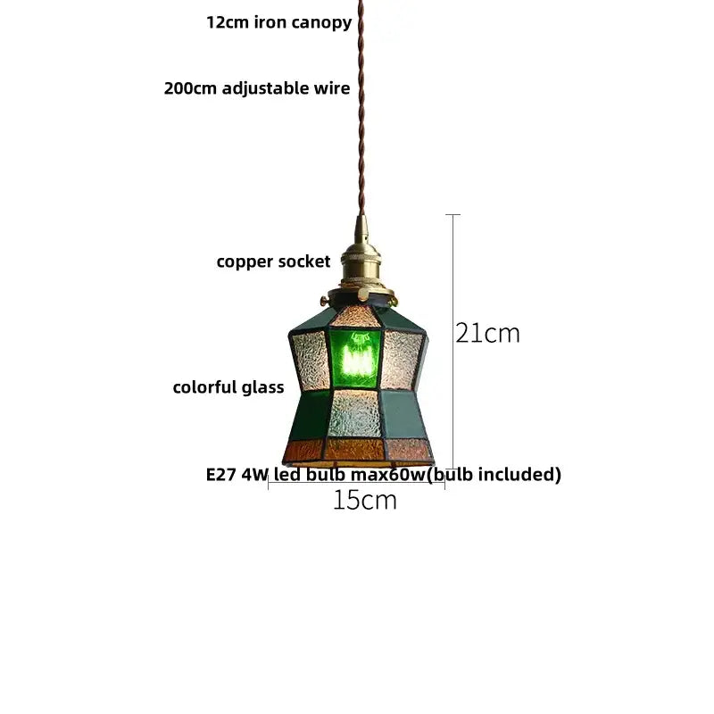 Modern brass pendant lamp with multi-colored stained glass shade and clear glass led accents for dining room decorbites clear glass