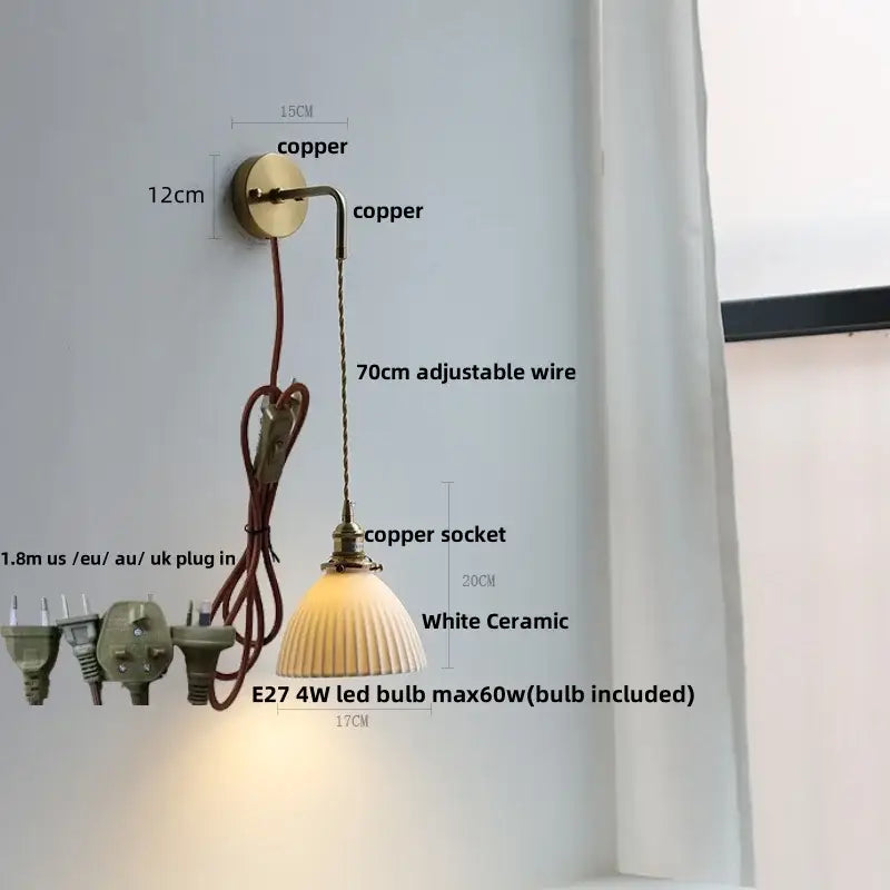 Modern copper wall lamp with white ceramic fluted shade and adjustable wire featured in decorbites clear glass style