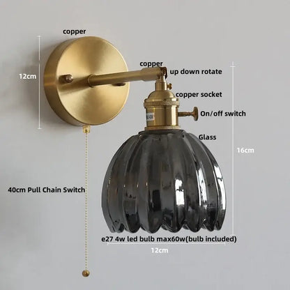 Modern brass wall lights with brushed copper finish and dark ribbed glass shade for bedroom decorbites clear glass design