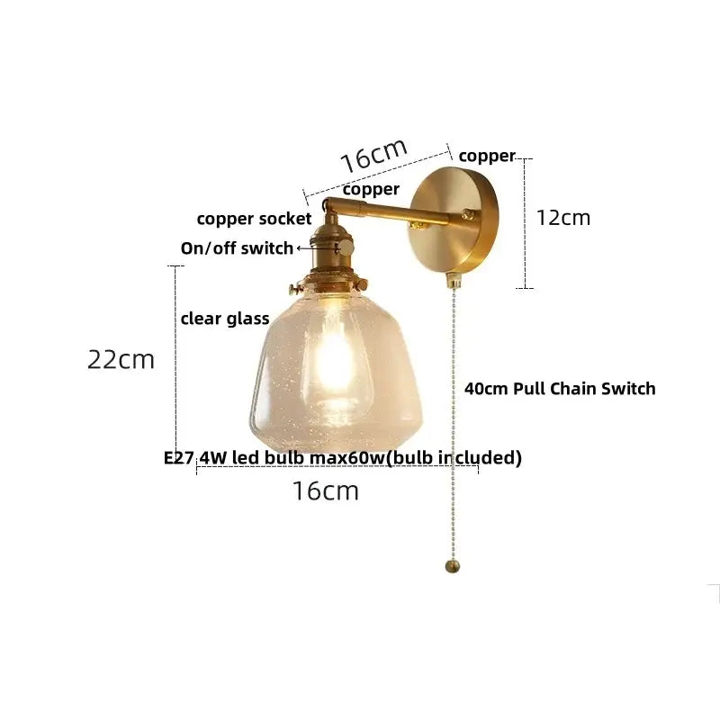 Modern brass and clear glass wall lights featuring a copper sconce with clear glass and 4w led bulb decorbites clear glass