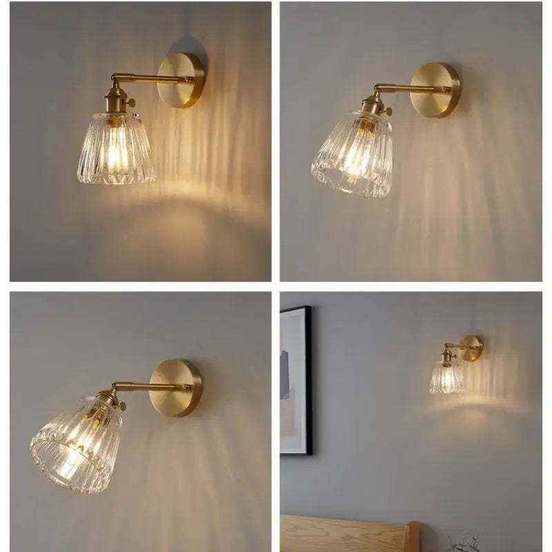 Modern brass wall lights with a faceted clear glass shade for bedroom decor featuring decorbites clear glass design