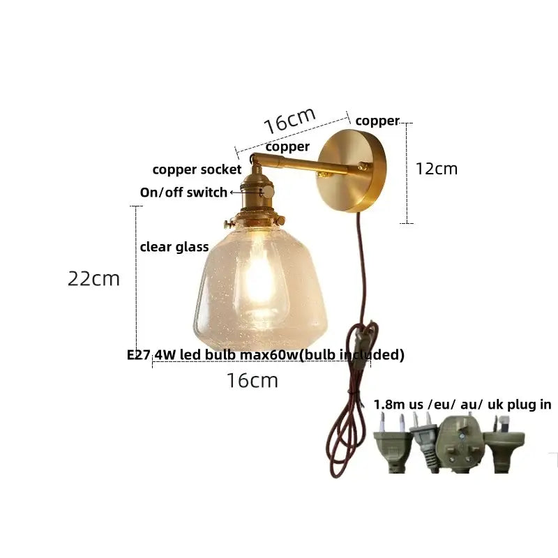 Vintage-style modern brass wall light with clear glass shade and included e27 led bulb for bedroom decorbites clear glass