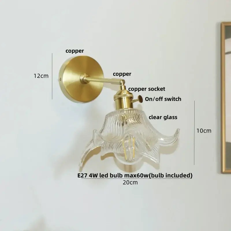 Vintage-style modern brass wall lights with decorbites clear glass shade shaped like an open flower for bedroom sconce