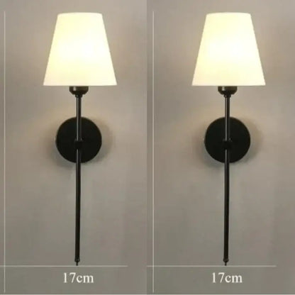Black wrought iron wall lamp with tapered white fabric shade modern led wall lamp for bedroom lighting
