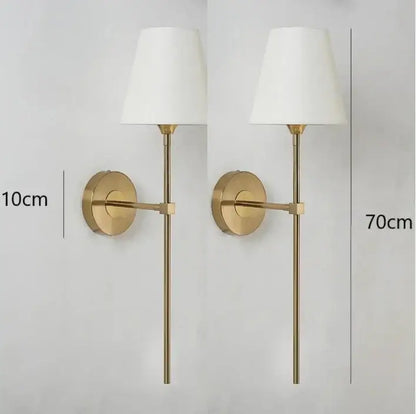 Gold-finished modern brass and cream fabric led wall lamp with white shade for bedroom wall lamps installation