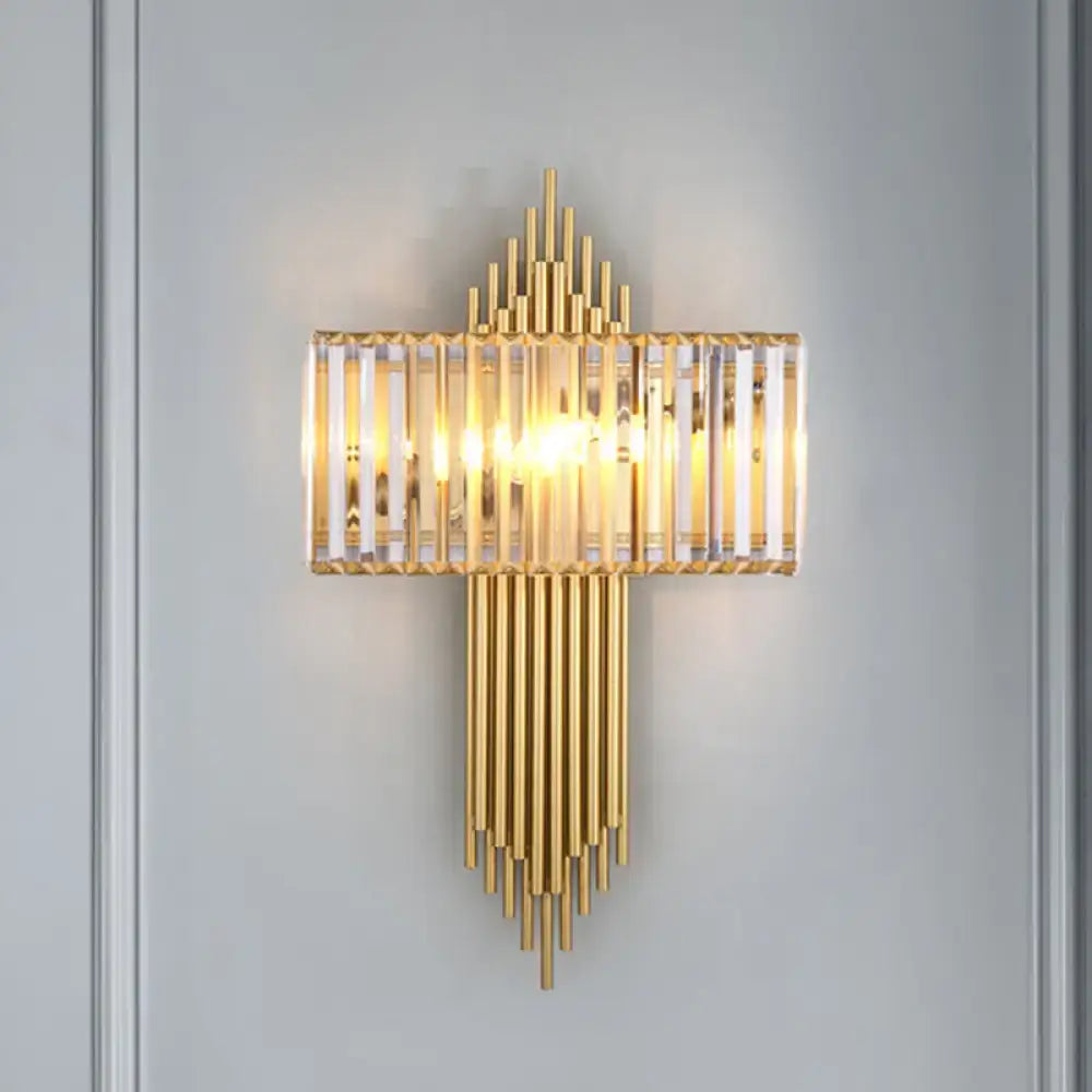 Modern brass and crystal rectangular wall lighting with gold-toned vertical crystal rods and brass-finished metal accents