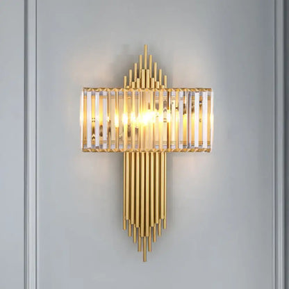 Modern brass and crystal rectangular wall lighting with gold-toned vertical crystal rods and brass-finished metal accents