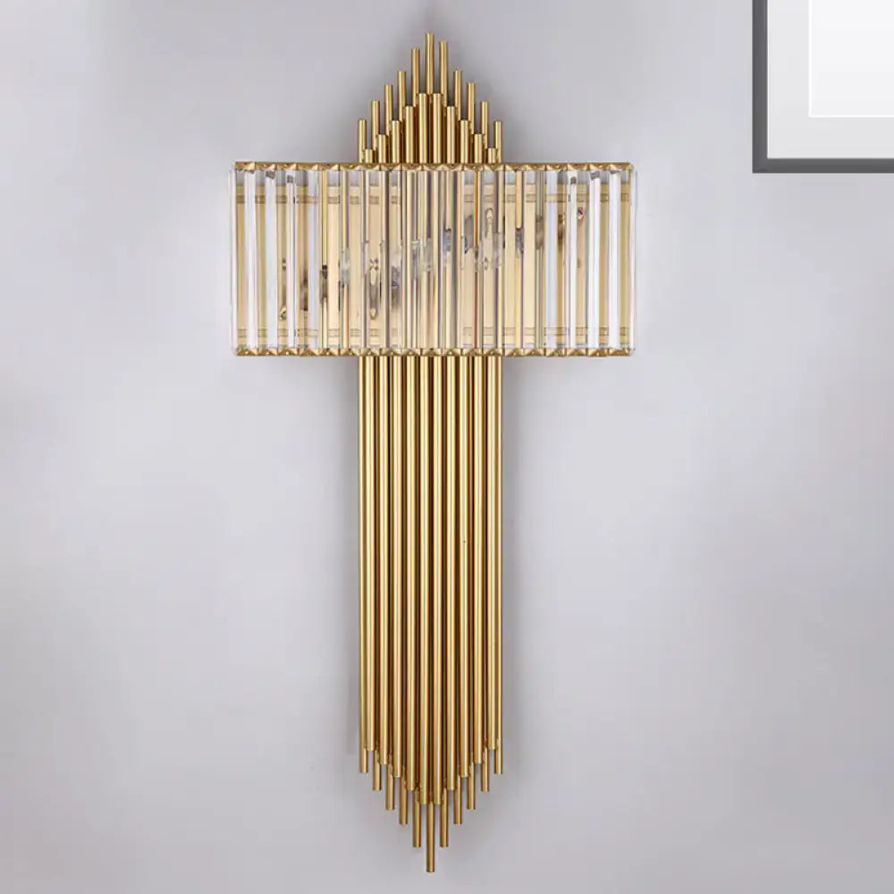 Modern brass and crystal rectangular wall lighting with gold-toned vertical rods and clear acrylic panels for bedroom use