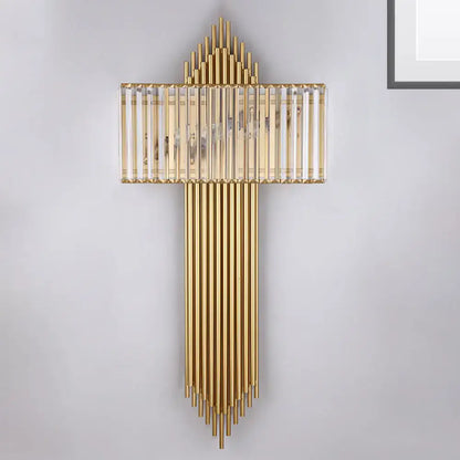 Modern brass and crystal rectangular wall lighting with gold-toned vertical rods and clear acrylic panels for bedroom use